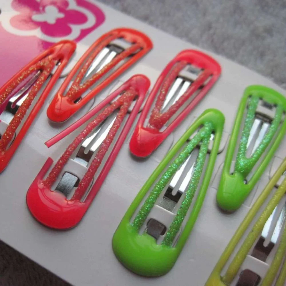 12 Scunci Girls Double Bar Glitter Colored Epoxy Metal Snap Contour Hair Clips